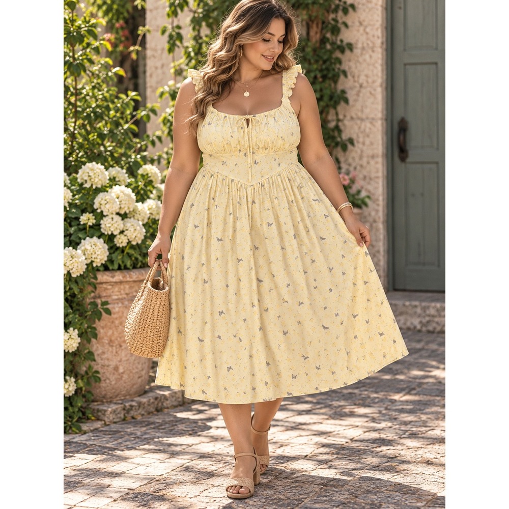 Torrid Floral Butterfly Ruffle Midi Dress Women 24 Yellow